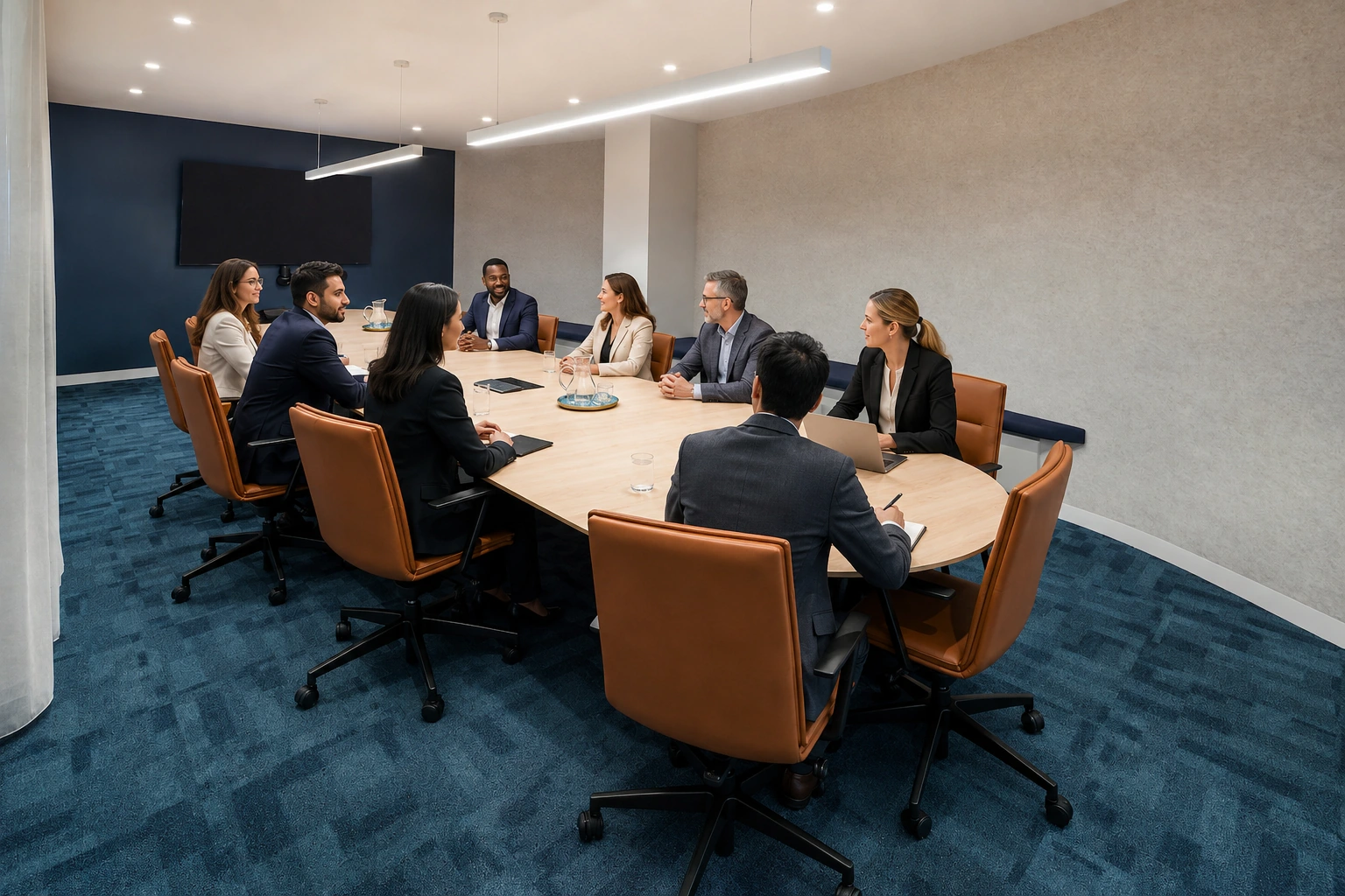 Modern boardroom in Geelong CBD at CorporateCubes.Co with conference table, presentation screen and video conferencing facilities