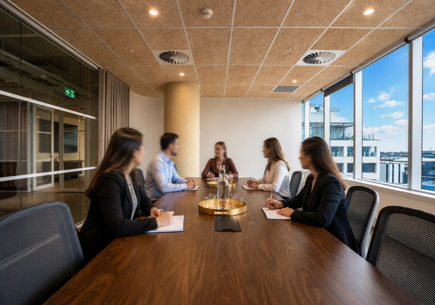 Conference room in Sydney CBD with professionals collaborating during a team workshop, featuring flexible meeting space, natural light and modern business facilities.