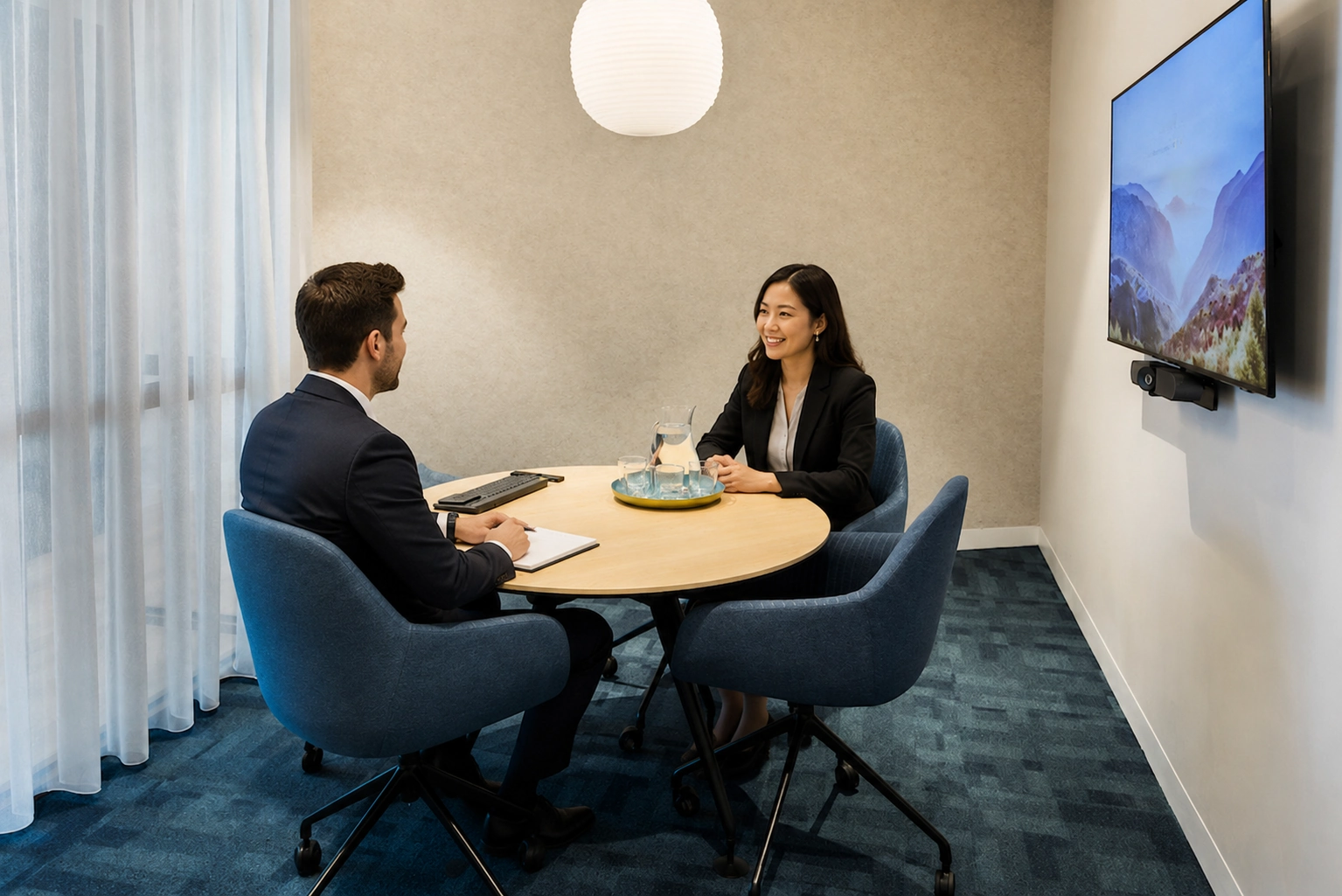 Small meeting room in Geelong CBD at CorporateCubes.Co with modern furnishings and video conferencing facilities