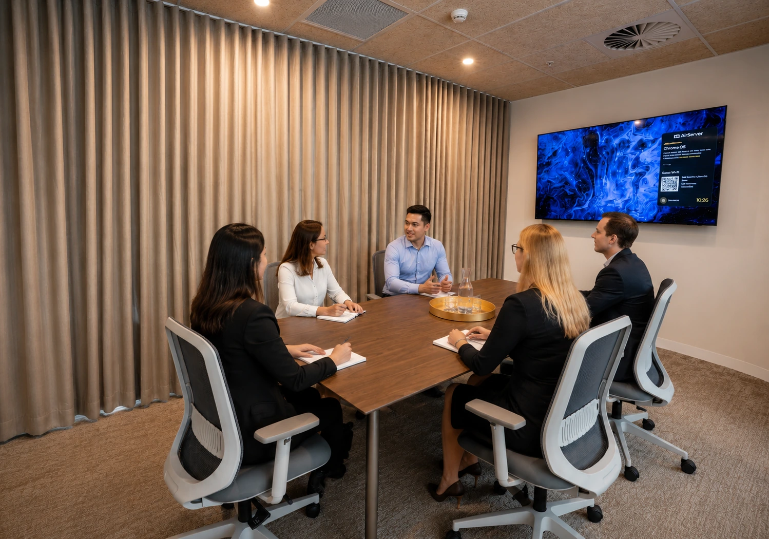 Small meeting room in Sydney CBD with professionals collaborating around a boardroom table, ideal for interviews, sales meetings, video calls and client consultations.
