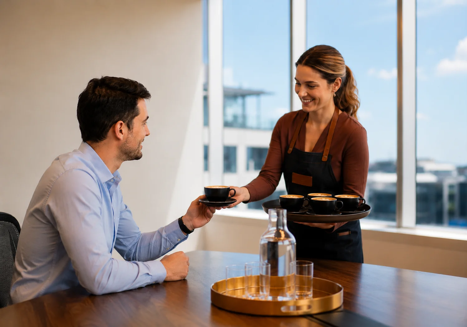 Barista delivering fresh coffee to a guest in a premium Sydney meeting room at CorporateCubes.Co