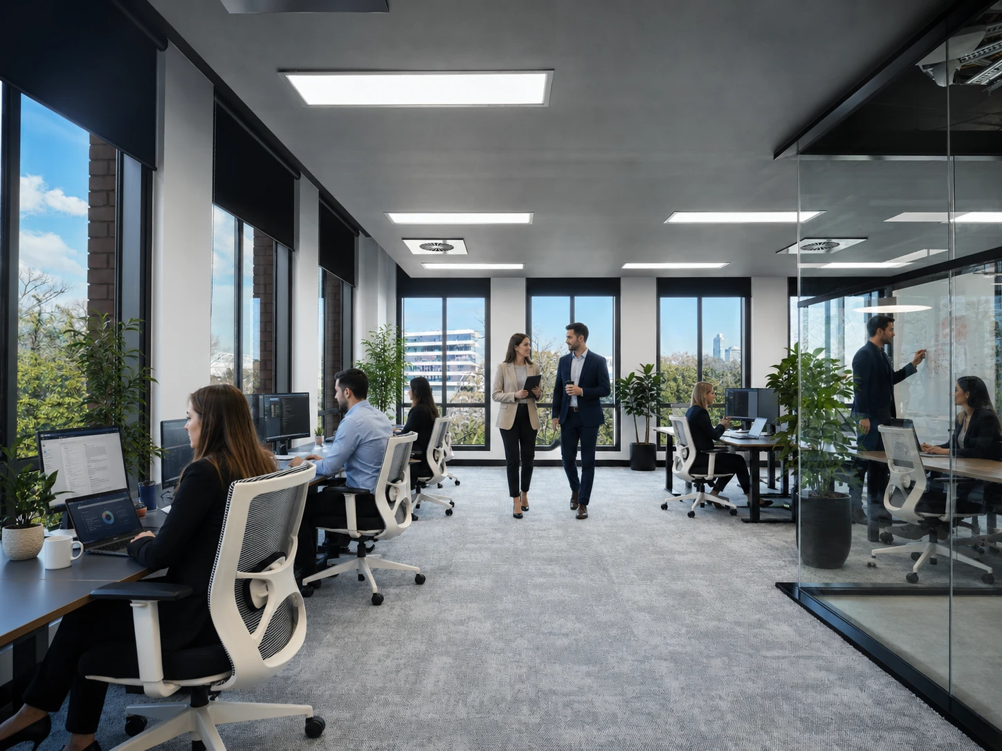 Growing corporate team reviewing office space scalability in a flexible Australian workplace