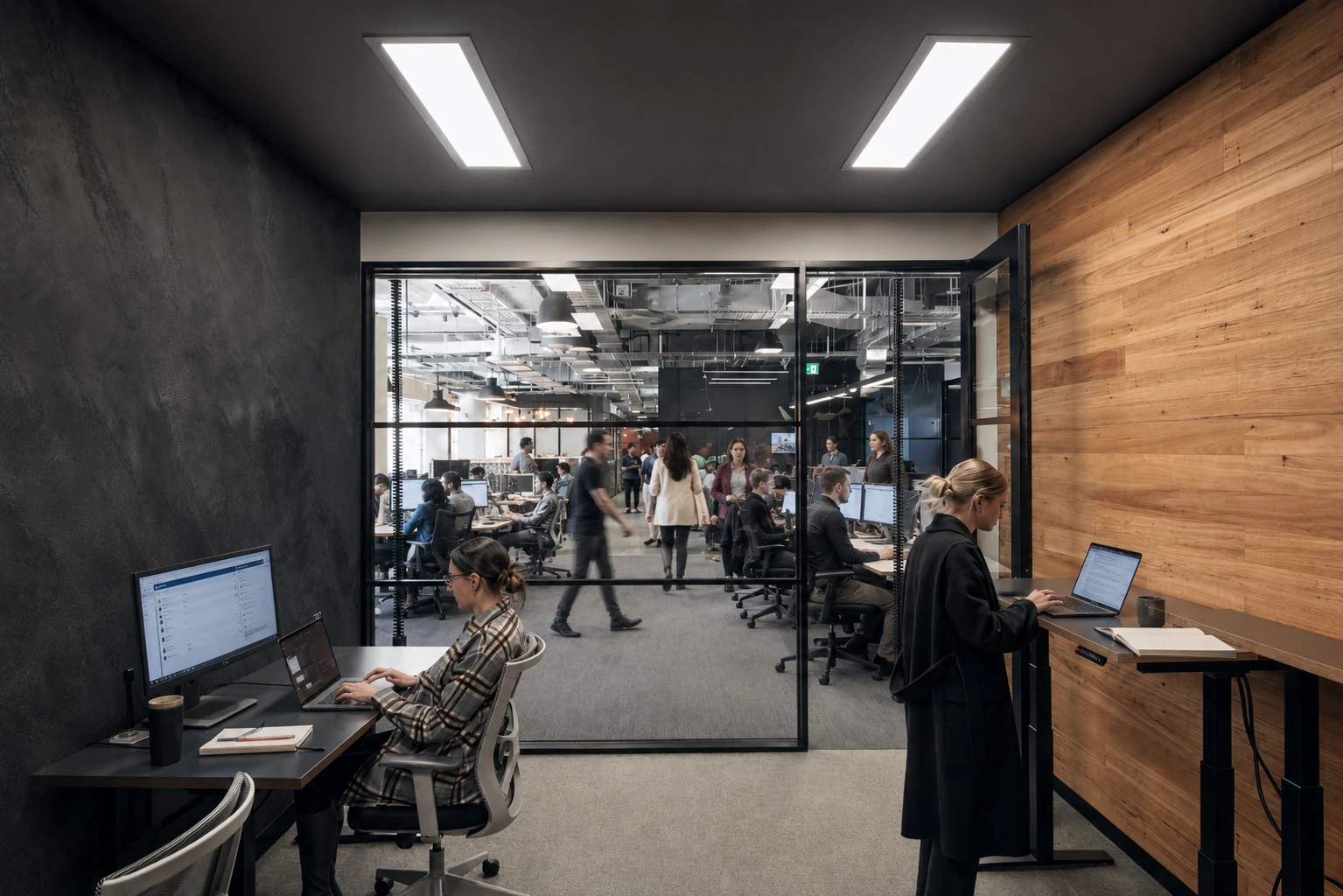 Small team collaborating in a CorporateCubes.Co coworking space