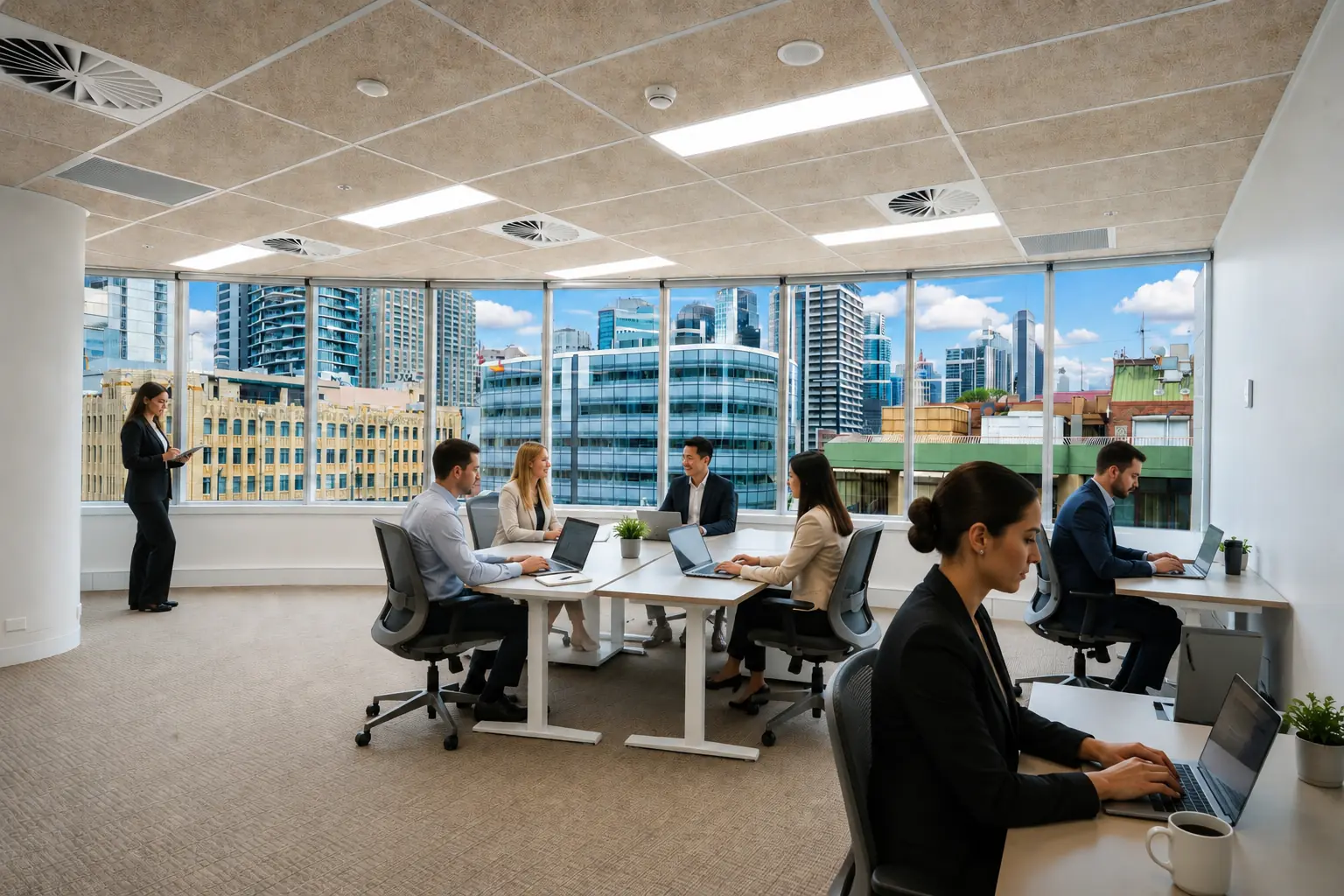 Private office in Sydney CBD with city views and professionals working