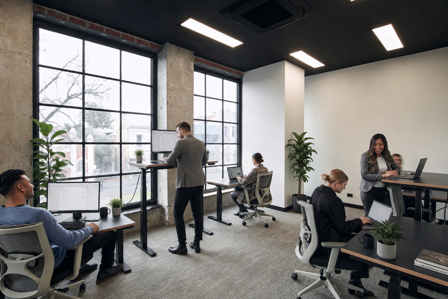 Enterprise team collaborating in a professional coworking space in Australia with flexible workstations and client meeting facilities.