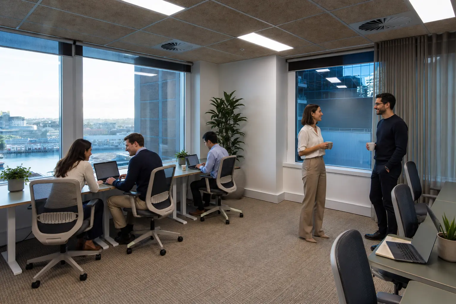 Professional services team working in a flexible private office in Australia