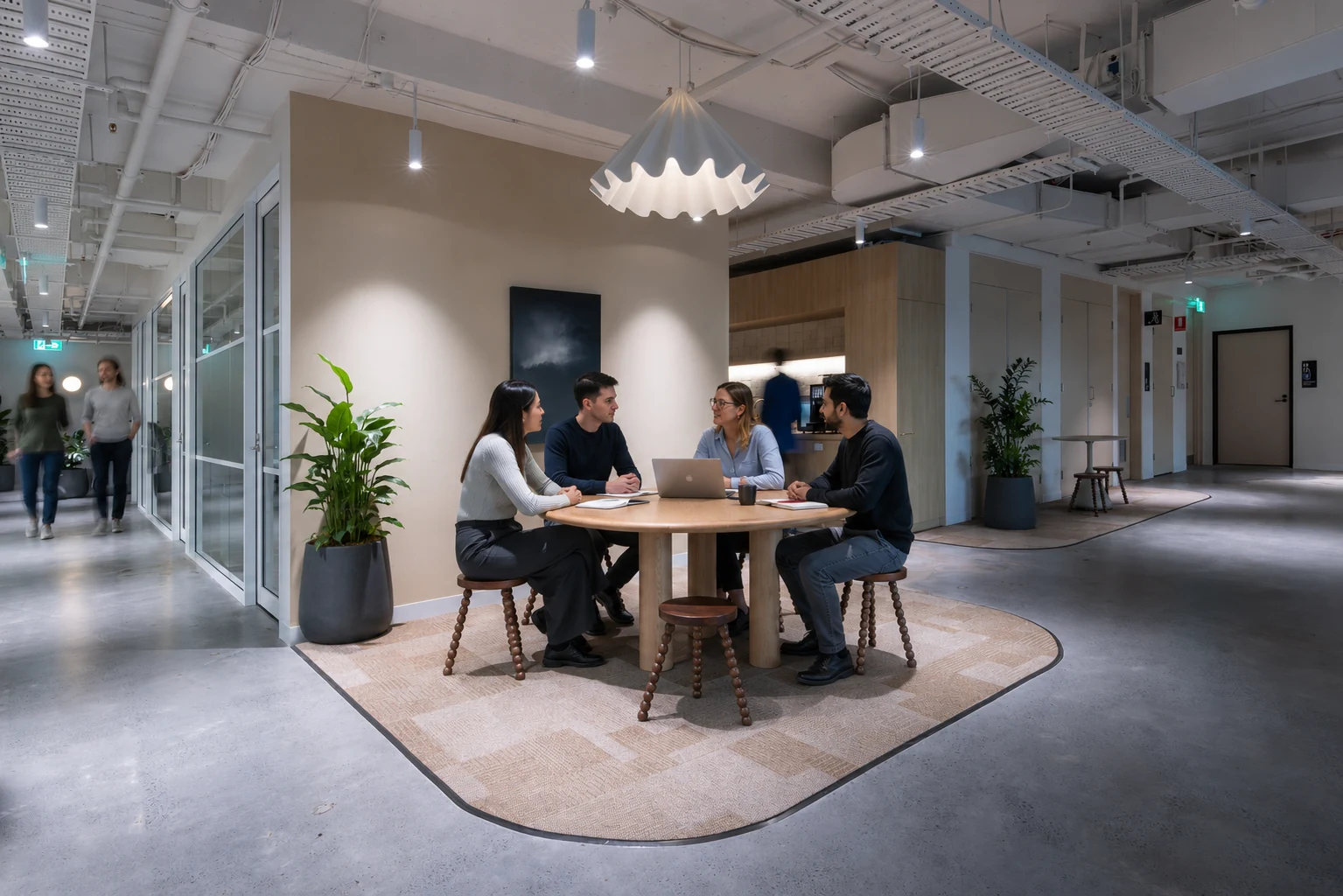 Growing team using coworking memberships to collaborate in a professional shared workspace
