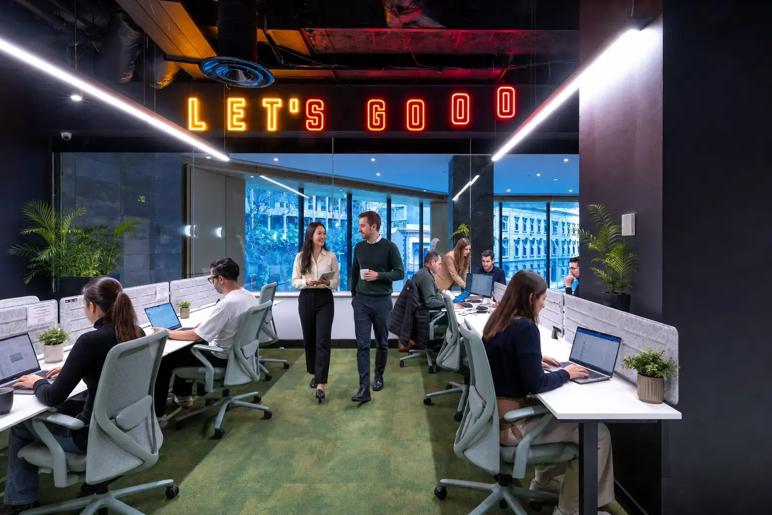 Corporate team improving office space utilisation in a flexible hybrid workplace