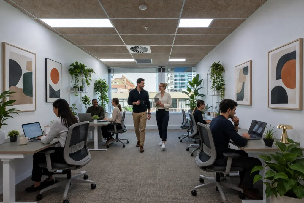 Hybrid team working in a modern private office setup with ergonomic desks, greenery and collaborative space