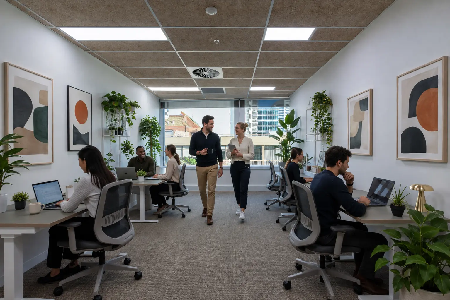 Hybrid team working in a modern private office setup with ergonomic desks, greenery and collaborative space