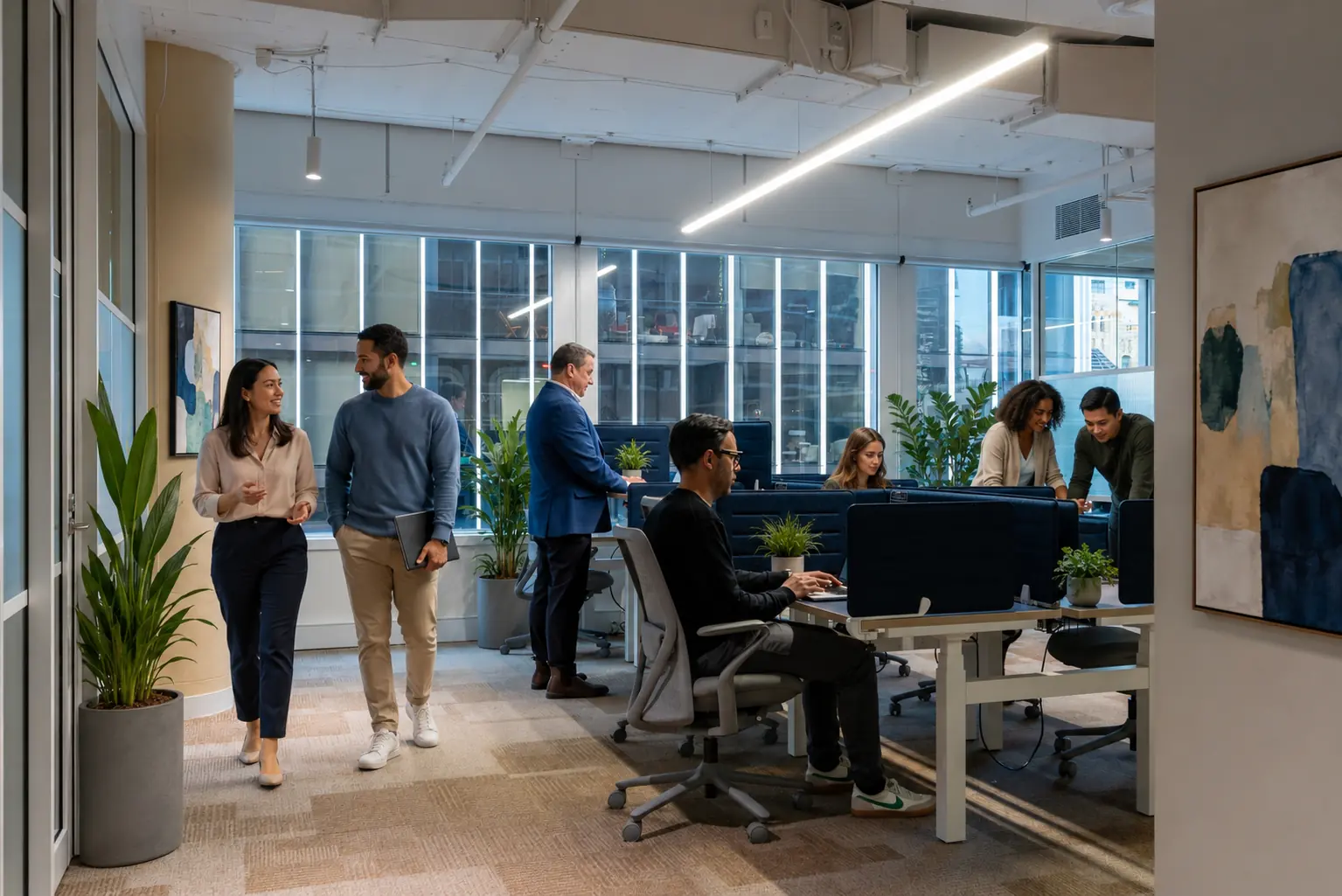 Hybrid team collaborating in a private Team Room within a flexible CorporateCubes.Co workspace in Australia