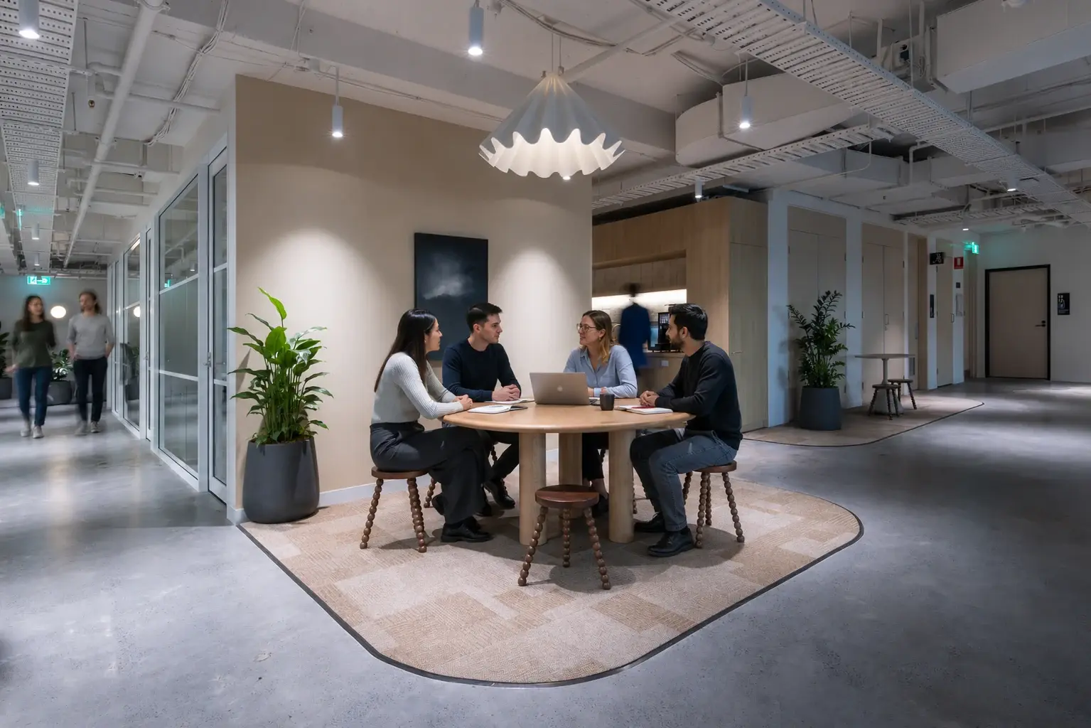 Hybrid corporate team working inside an underutilised office and flexible workspace